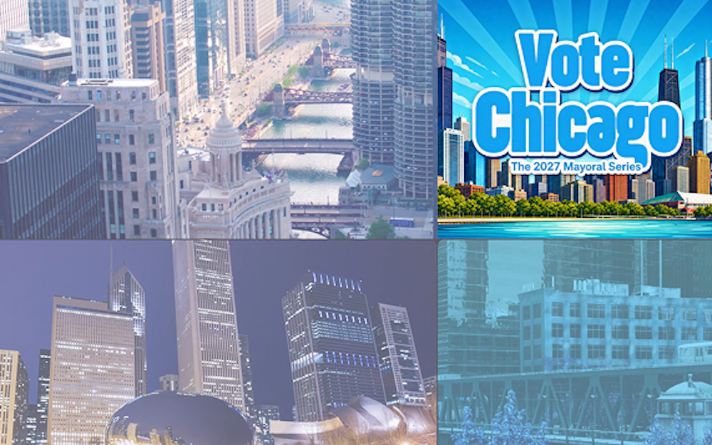 3 pictures of downtown Chicago in a grid with "Vote Chicago" logo on top right corner.